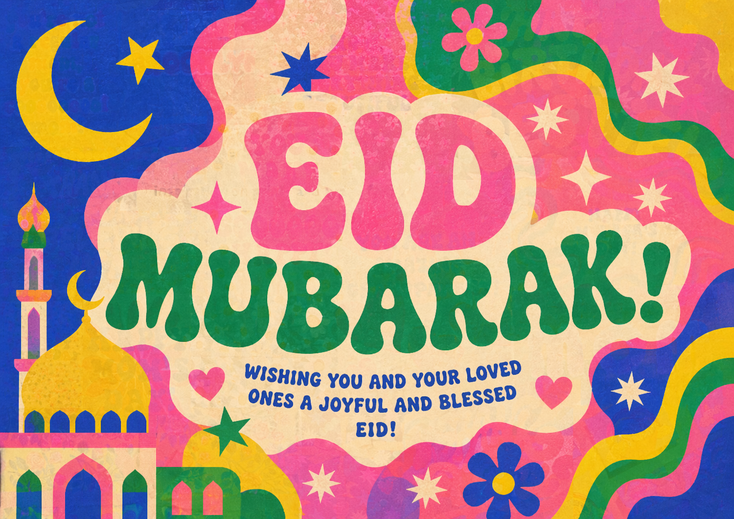 Eid Mubarak Greeting Card - Colorful Retro Mosque & Crescent Design