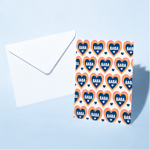 Set of greeting cards with heart and 'Dad' pattern on a light blue background