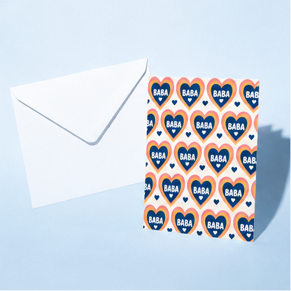 Set of greeting cards with heart and 'Dad' pattern on a light blue background
