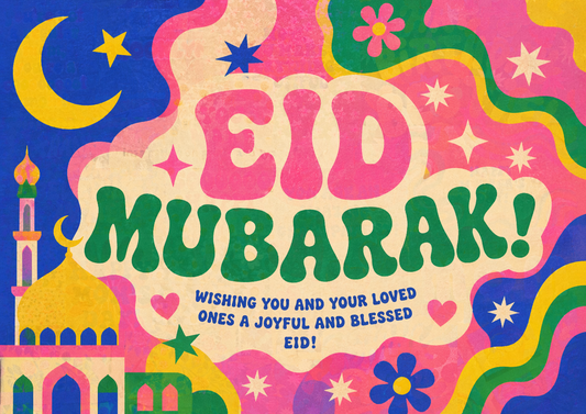 Eid Mubarak Greeting Card - Colorful Retro Mosque & Crescent Design
