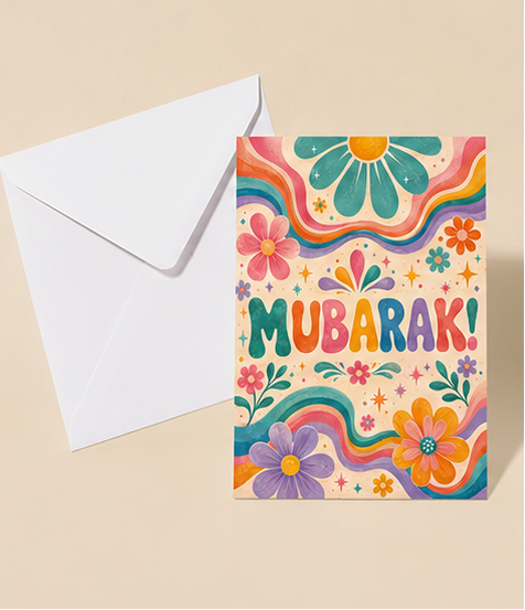 Colorful 'Mubarak!' greeting cards with floral designs on a beige background.