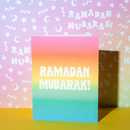 Colorful card with 'Ramadan Mubarak!' text on a patterned background