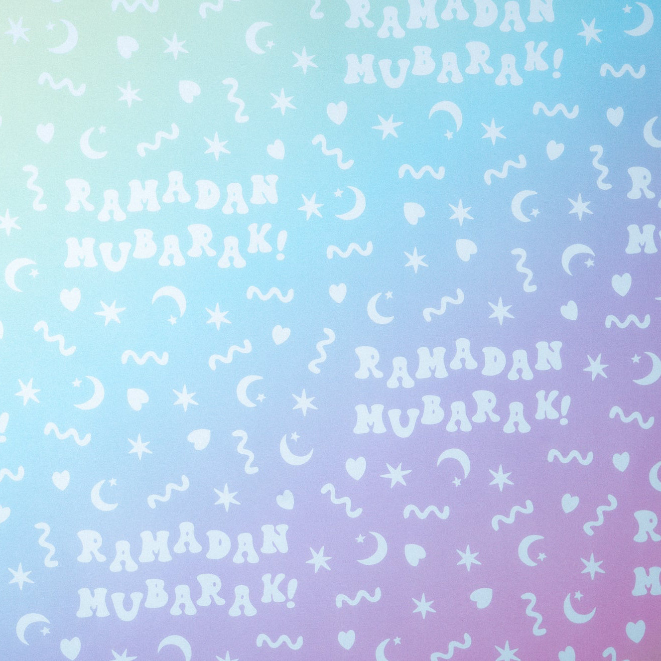 Pattern of 'Ramadan Mubarak!' text on a gradient blue and purple background