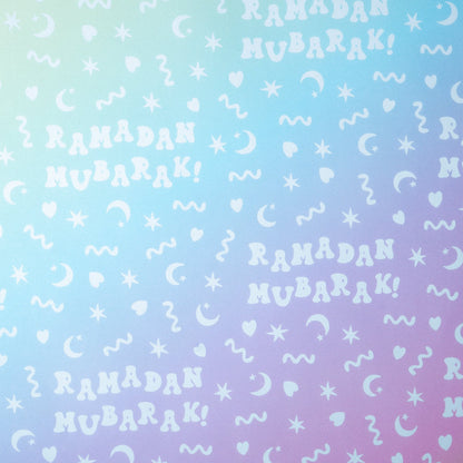 Pattern of 'Ramadan Mubarak!' text on a gradient blue and purple background